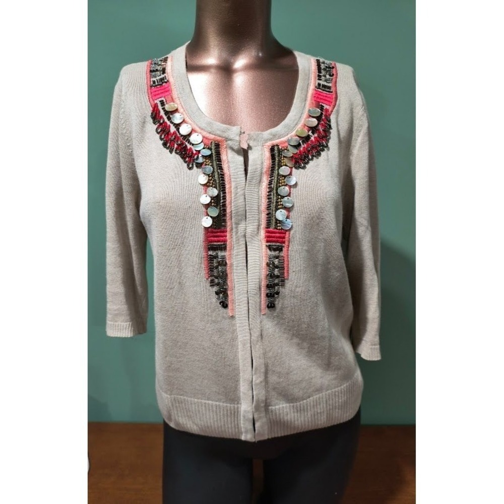 Chico's Embellished Beaded Sequins Neckline Cardigan 3/4 Sleeve Beige Sz 0
